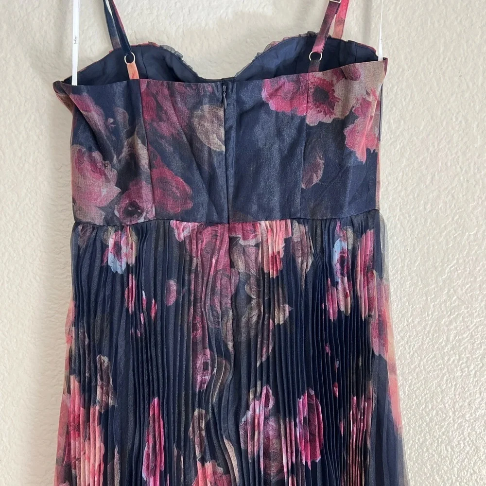 Alluring Invite Midnight Blue Floral Pleated Bustier Midi Dress - Picture 6 of 9